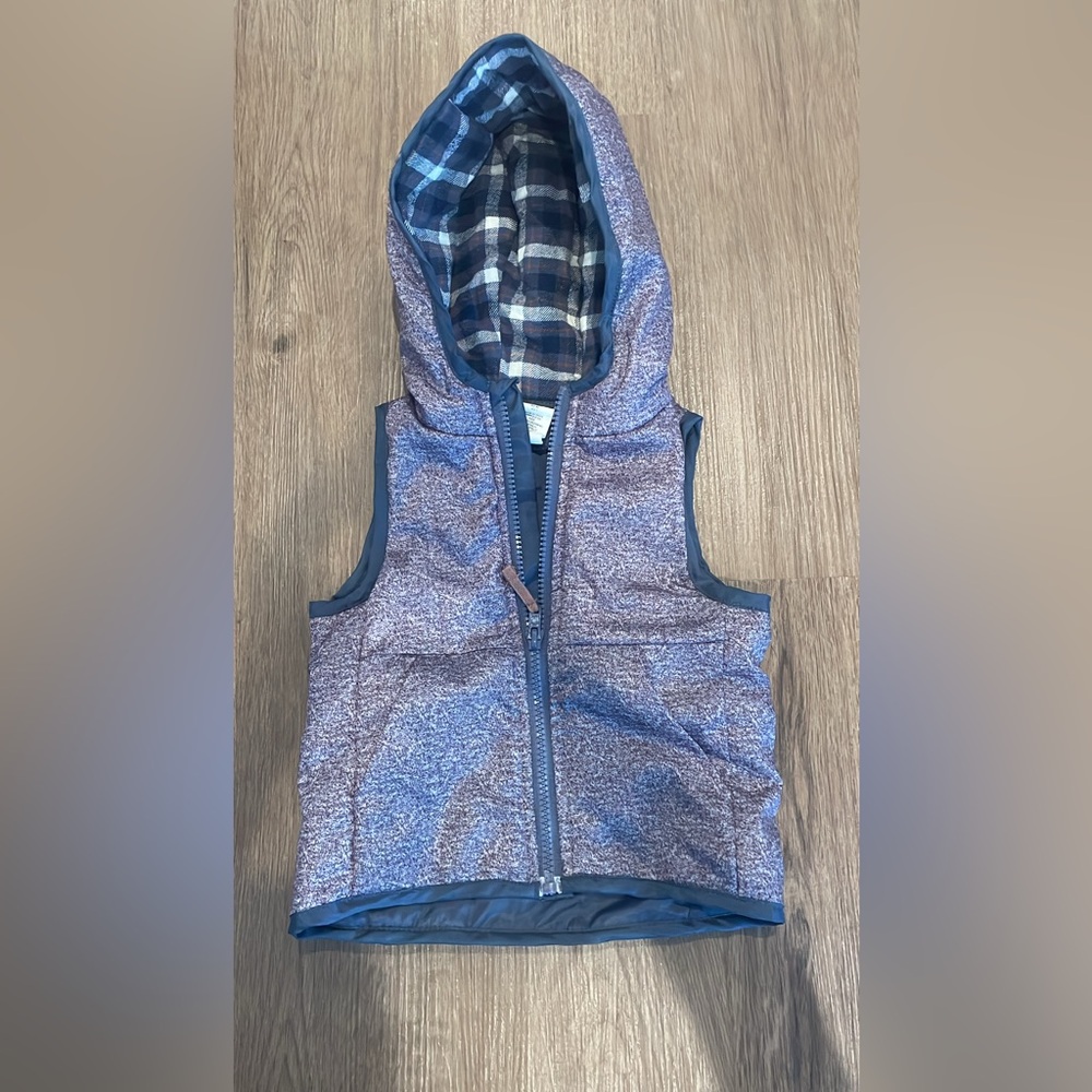 Blue Hooded Vest with Plaid Lining